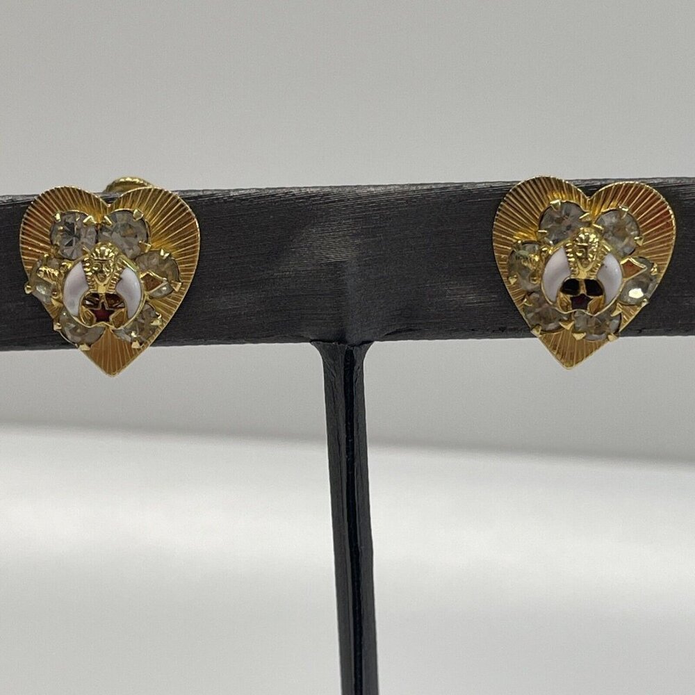 Vintage Masonic Shriners Symbol Rhinestone Gold Toned Screw Back Earrings A156